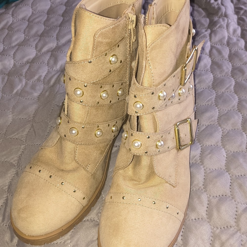 Women's Tan Ankle Boots with Pearl Detailing